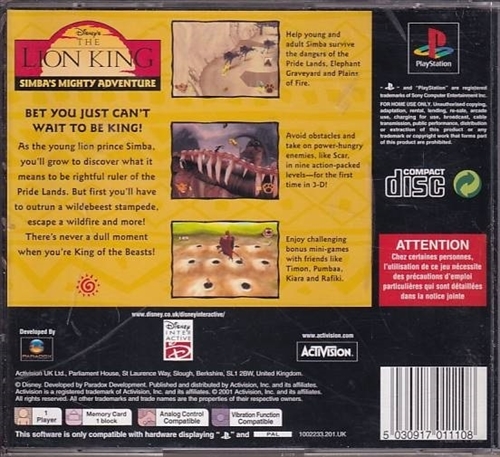 Disneys The Lion King Simbas Mighty Adventure - PS1 (B Grade) (Genbrug)